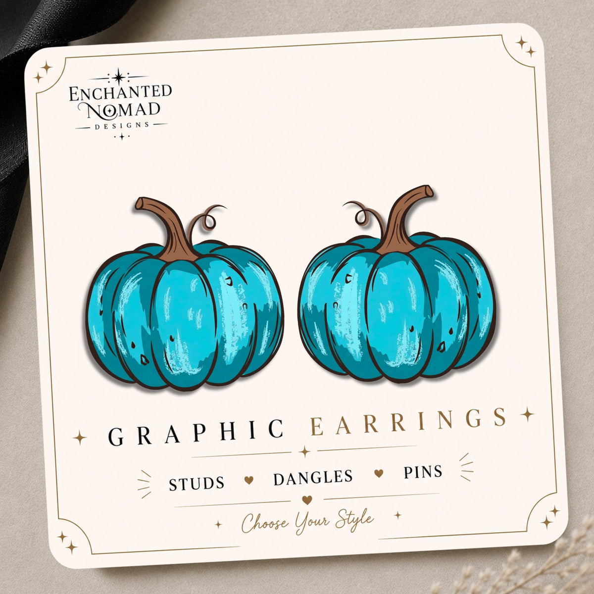 Teal Pumpkin Earrings & Pins on original display card