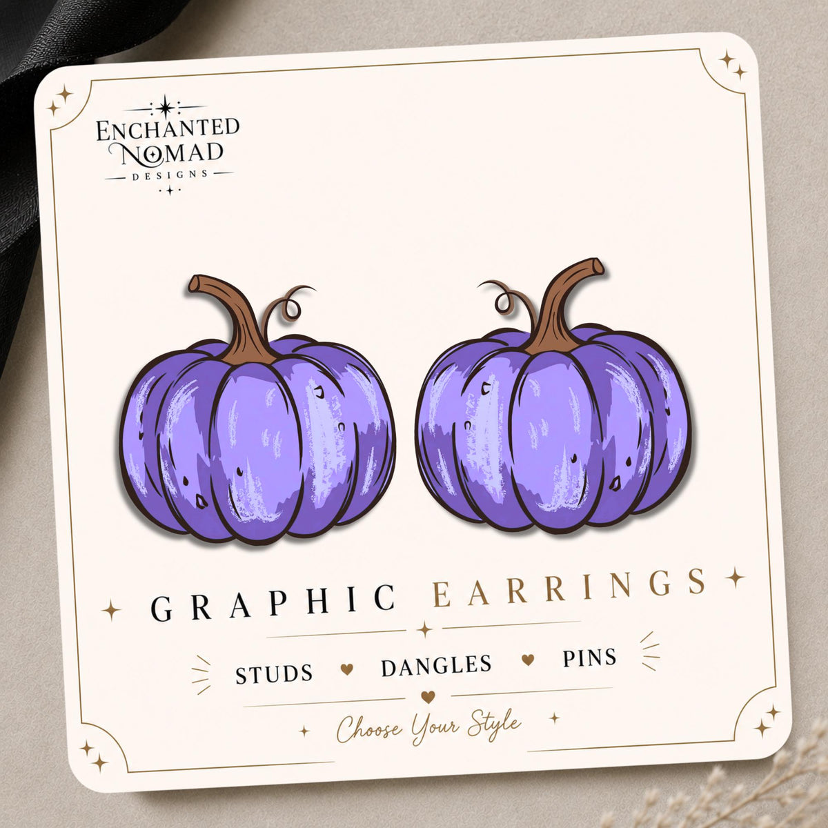 Purple Pumpkin Earrings & Pins on original display card