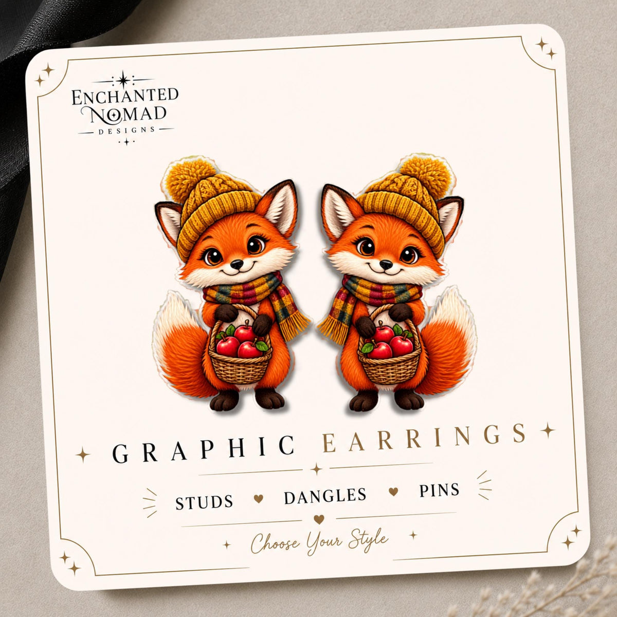 Apple Picking Fox in Knit Hat Earrings & Pins on original display card