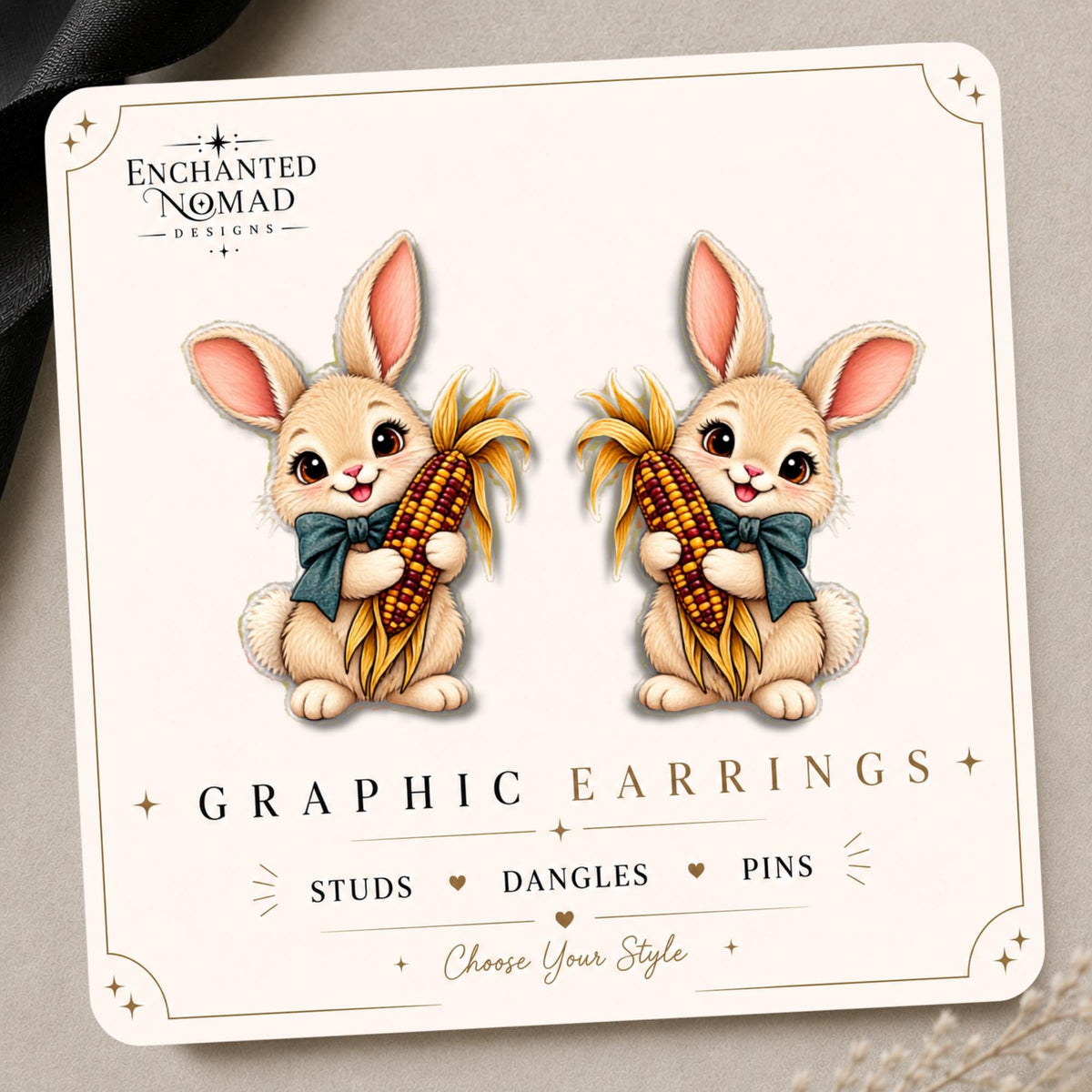 Harvest Rabbit with Corn Earrings & Pins on original display card