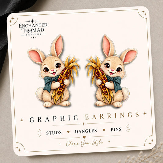 Harvest Rabbit with Corn Earrings & Pins on original display card