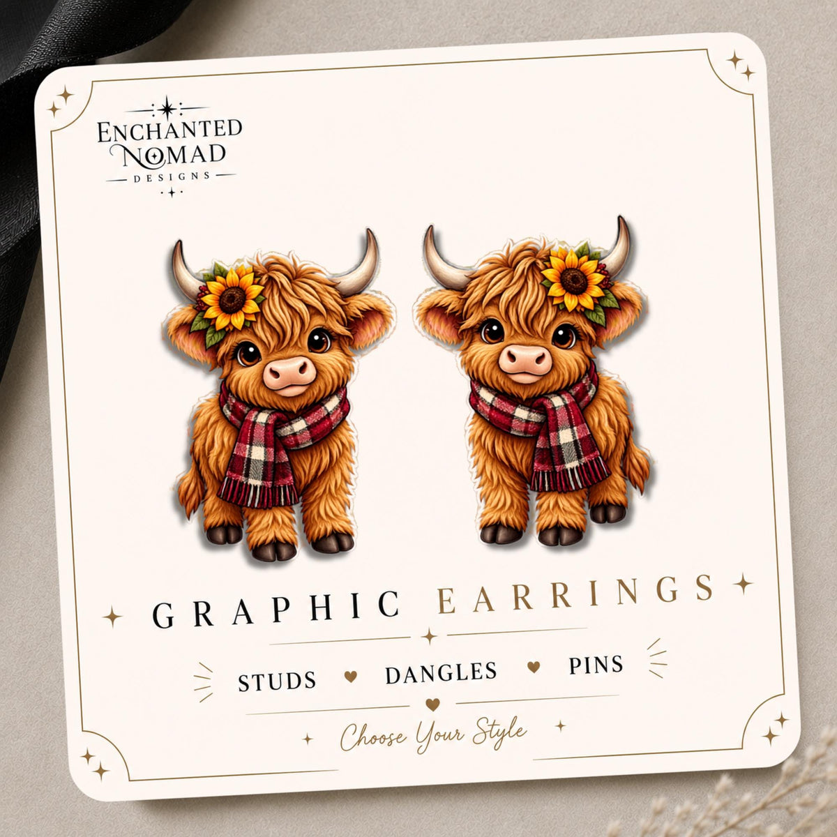 Sunflower Scarf Highland Cow Earrings & Pins on original display card