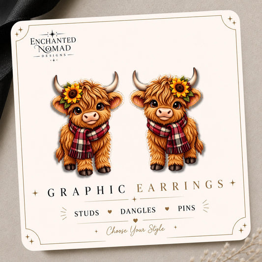 Sunflower Scarf Highland Cow Earrings & Pins on original display card