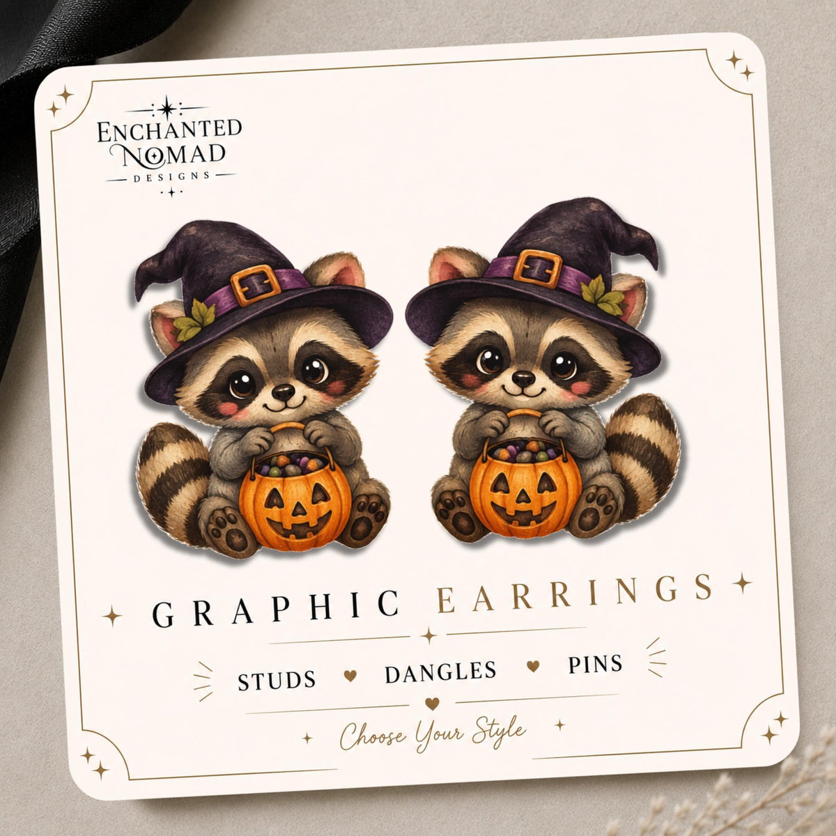 Raccoon with Witch Hat and Candy Bucket Earrings & Pins on original display card