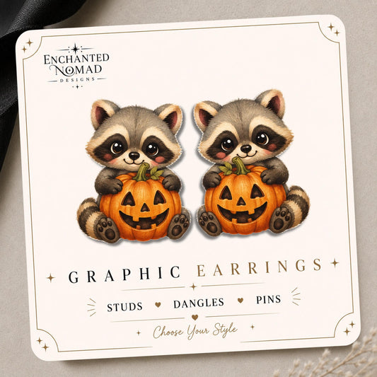 Raccoon with Pumpkin Earrings & Pins on original display card