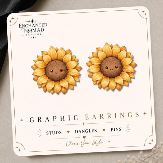 Smiling Sunflower Earrings & Pins on original display card