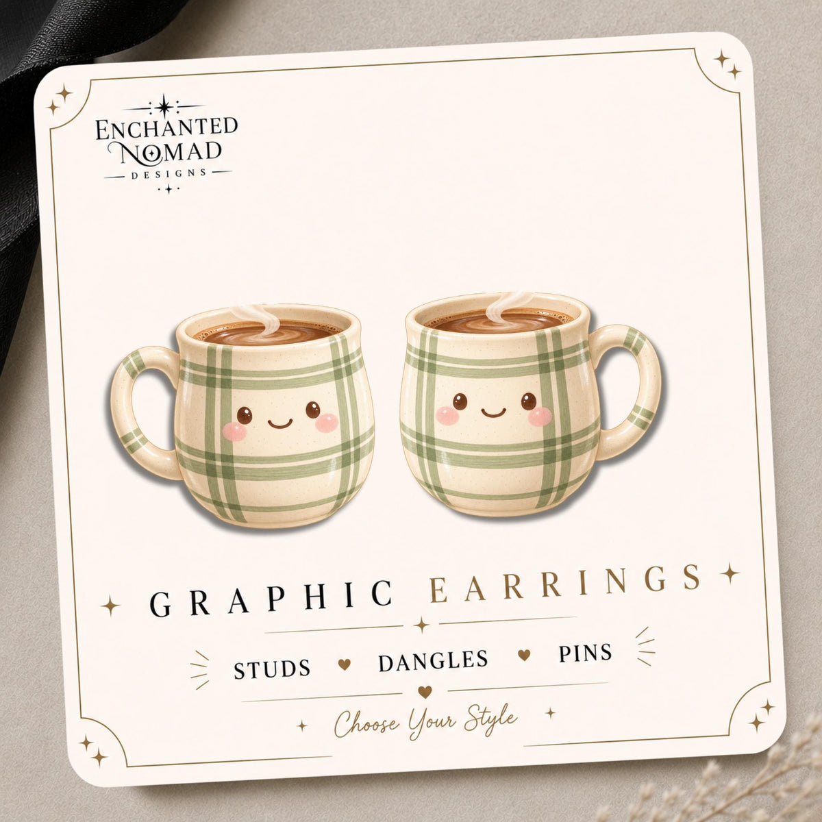 Cozy Plaid Coffee Mug Earrings & Pins on original display card