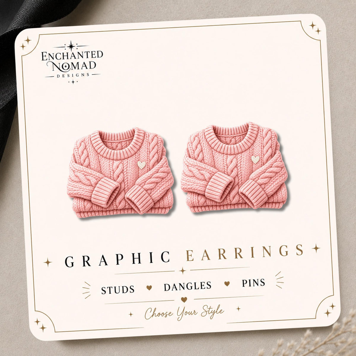 Cozy Pink Sweater Earrings & Pins on original display card