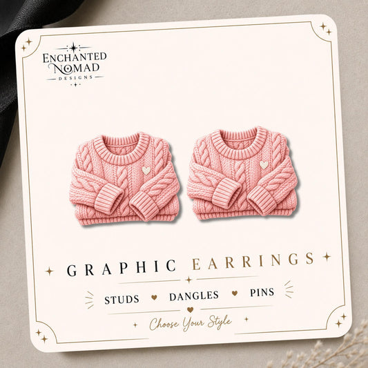 Cozy Pink Sweater Earrings & Pins on original display card