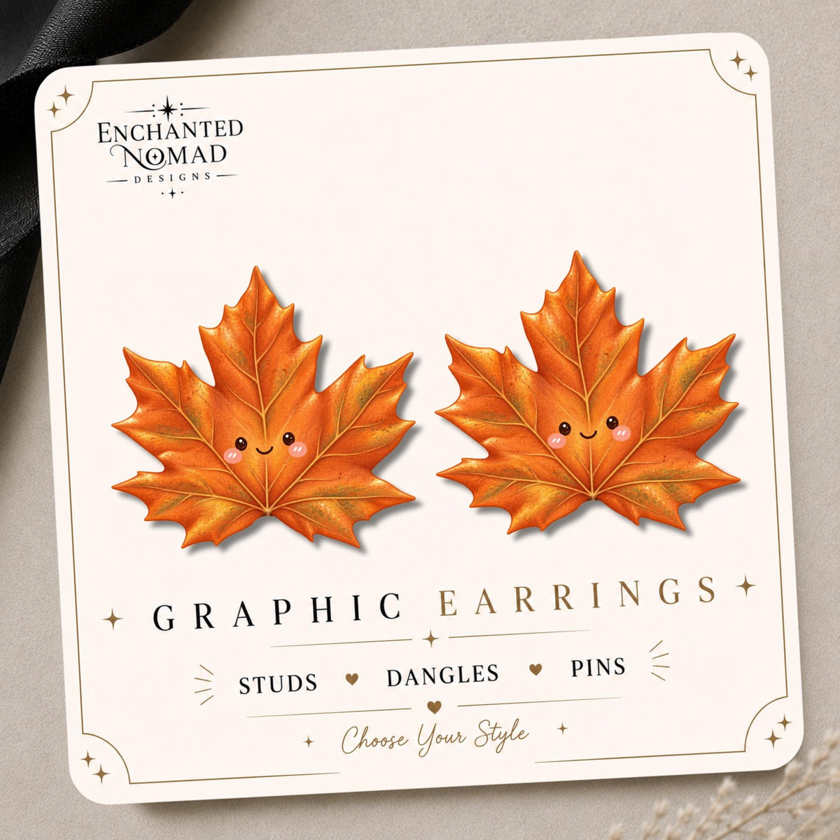 Smiling Maple Leaf Earrings & Pins on original display card