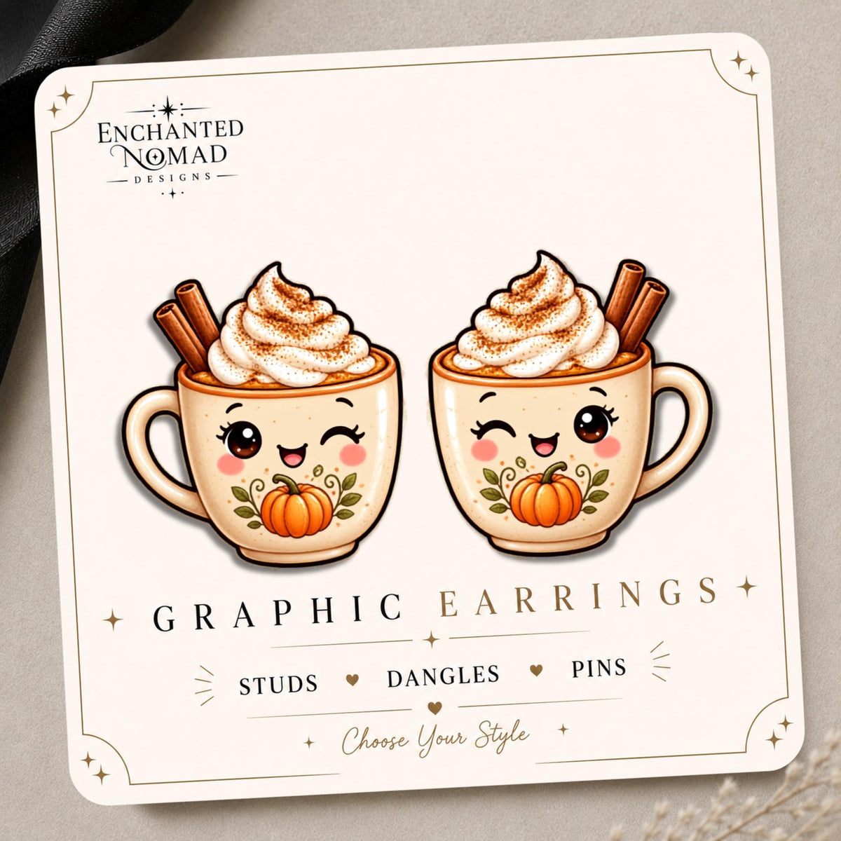 Pumpkin Spice Mug Earrings & Pins on original display card