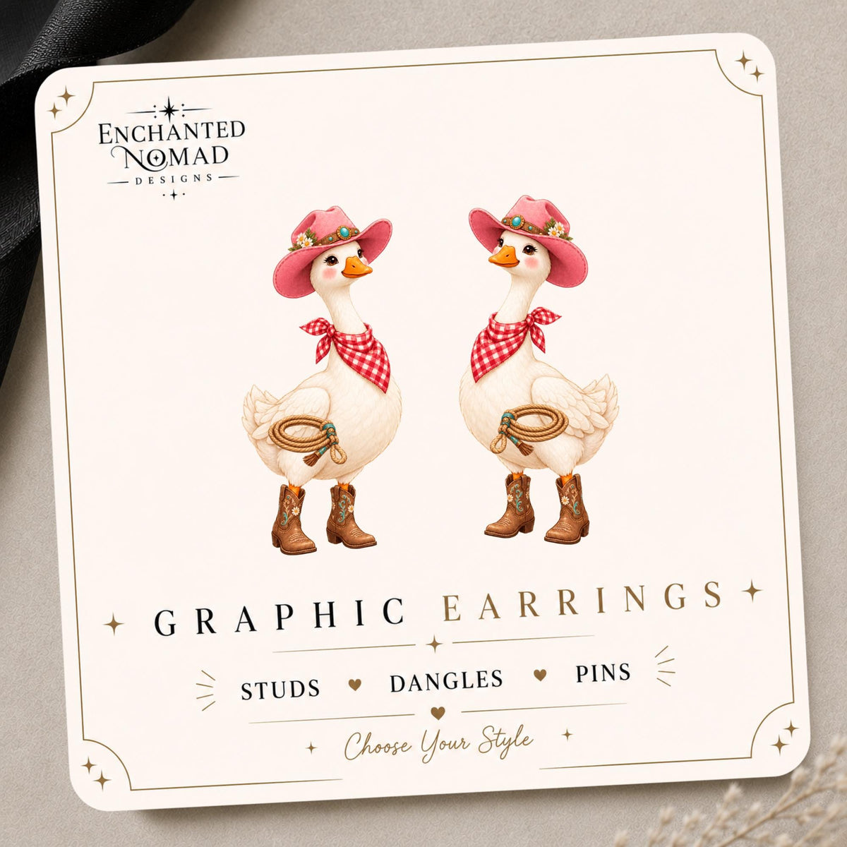 Cowgirl Goose Earrings & Pins on original display card