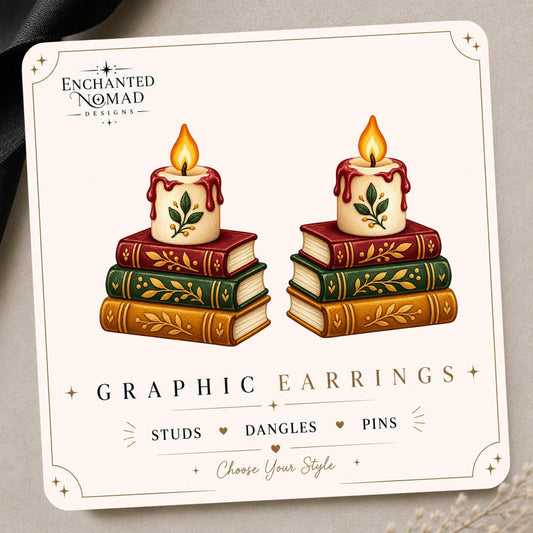 Cozy Candle and Books Earrings & Pins on original display card