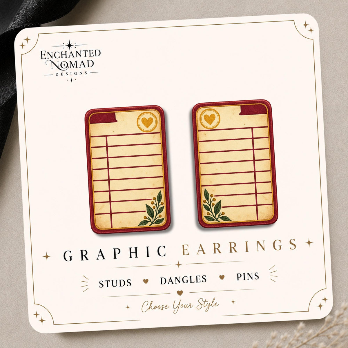 Vintage Library Card Earrings & Pins on original display card