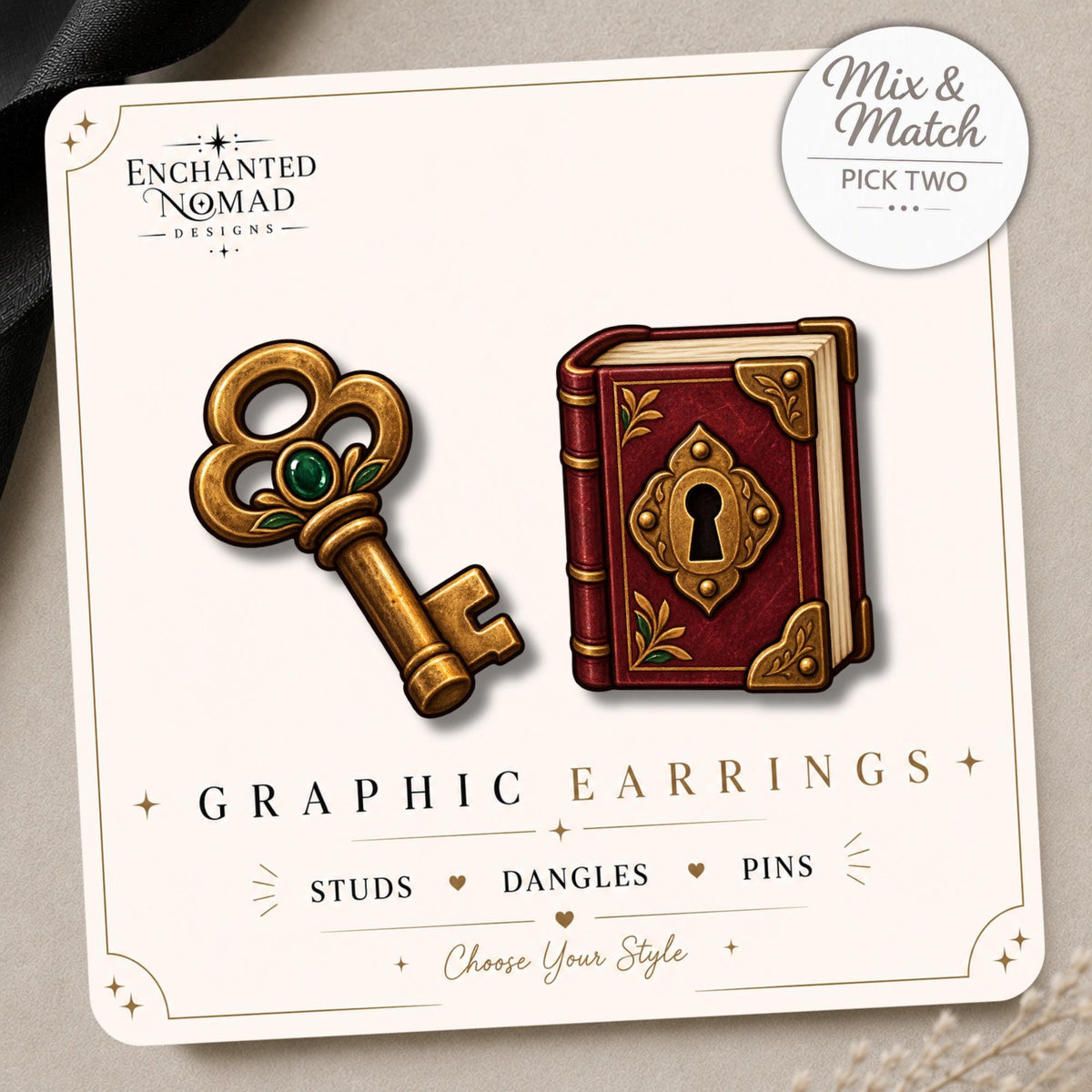 Book and Key Earrings on original display card