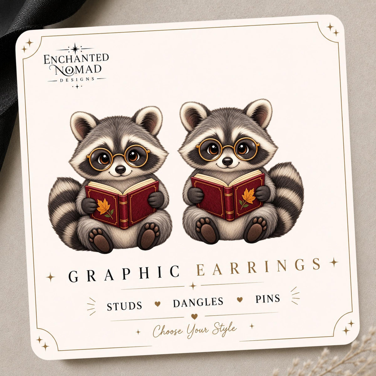 Reading Raccoon Earrings & Pins on original display card