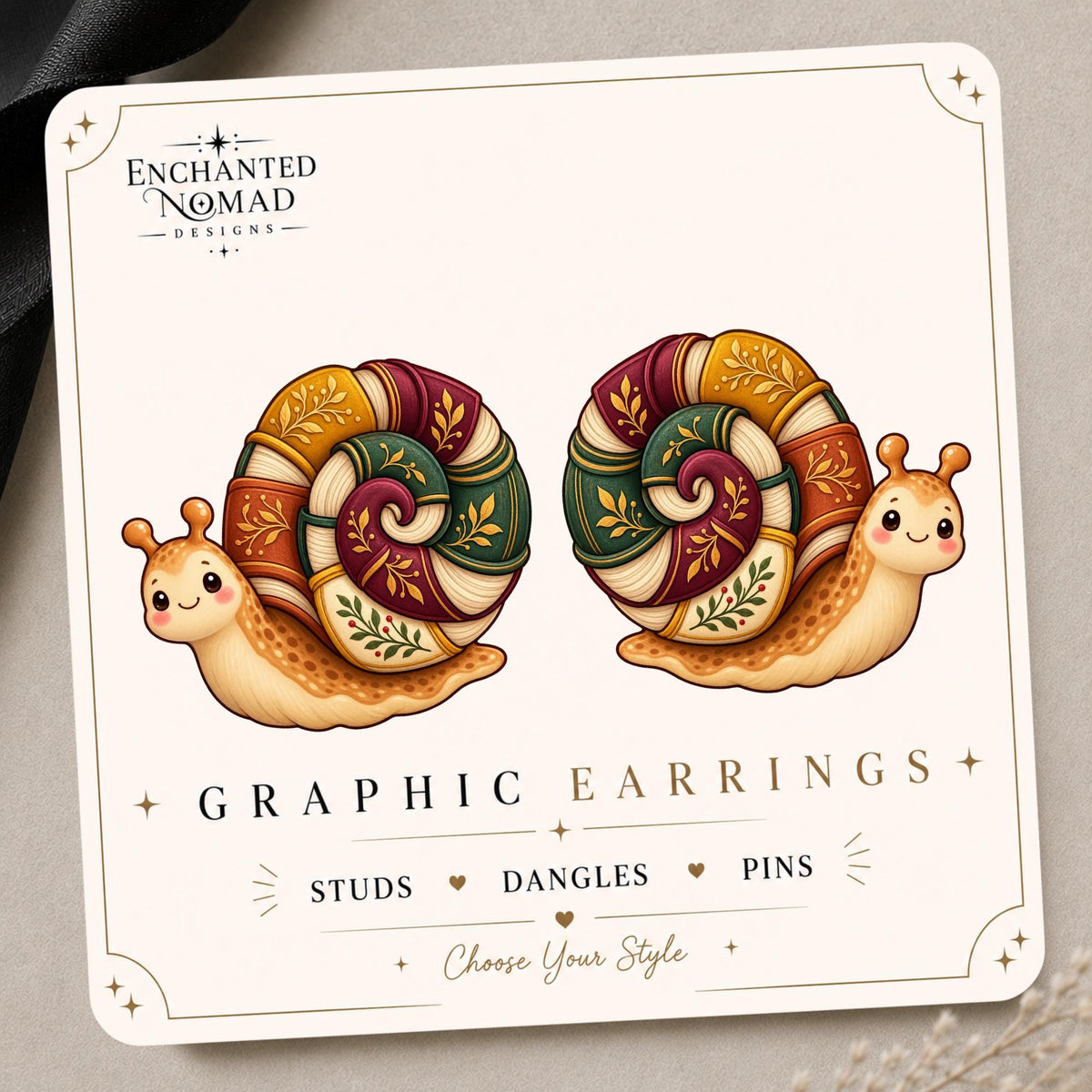 Book Snail Earrings & Pins on original display card