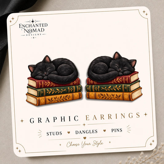 Black Cat on Books Earrings & Pins on original display card