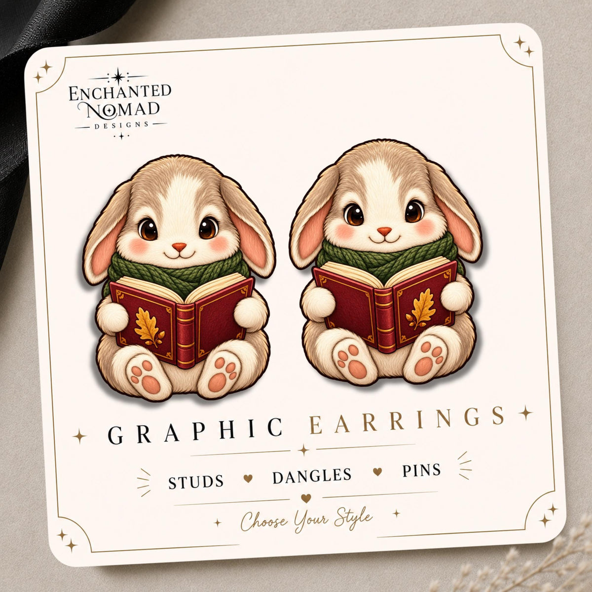Bunny Reader Earrings & Pins on original display card