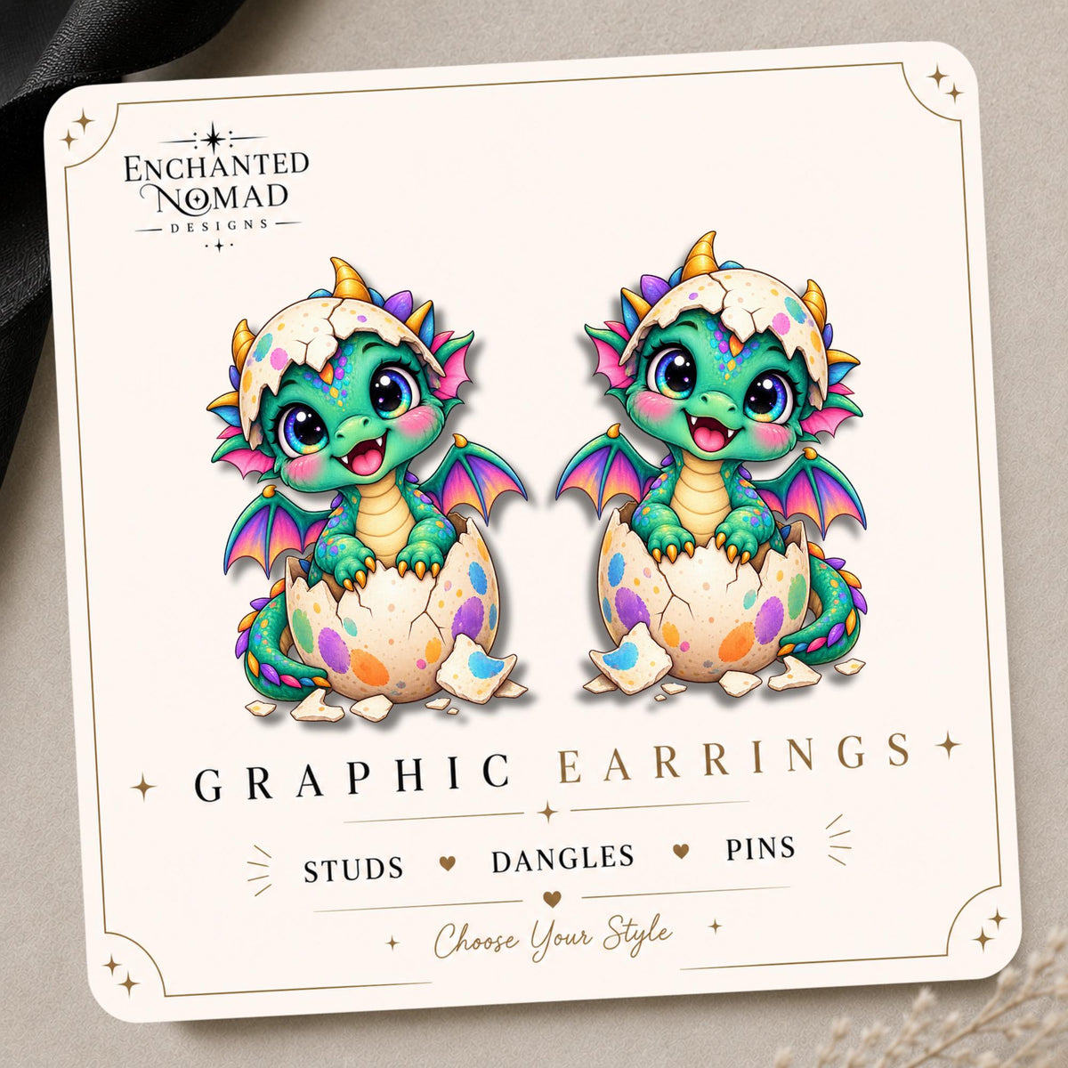 Baby Dragon in Colorful Egg Earrings & Pins on original display card