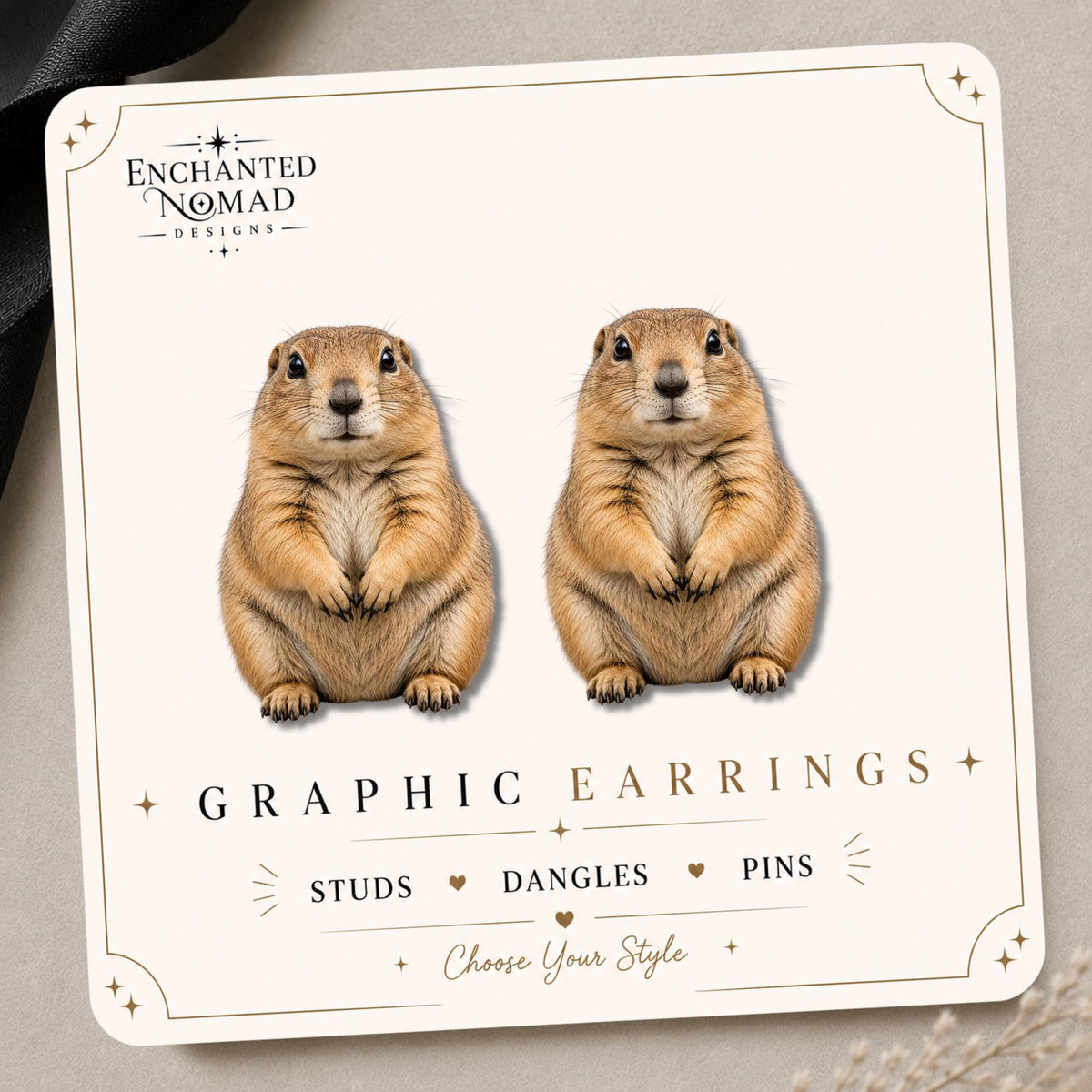Prairie Dog Earrings & Pins on a display card