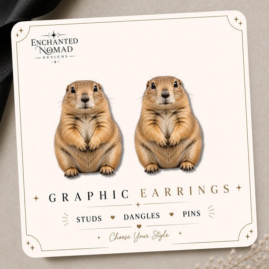 Prairie Dog Earrings & Pins on a display card
