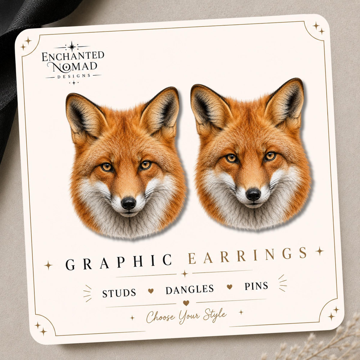 National Park Inspired Fox Earrings & Pins on a display card