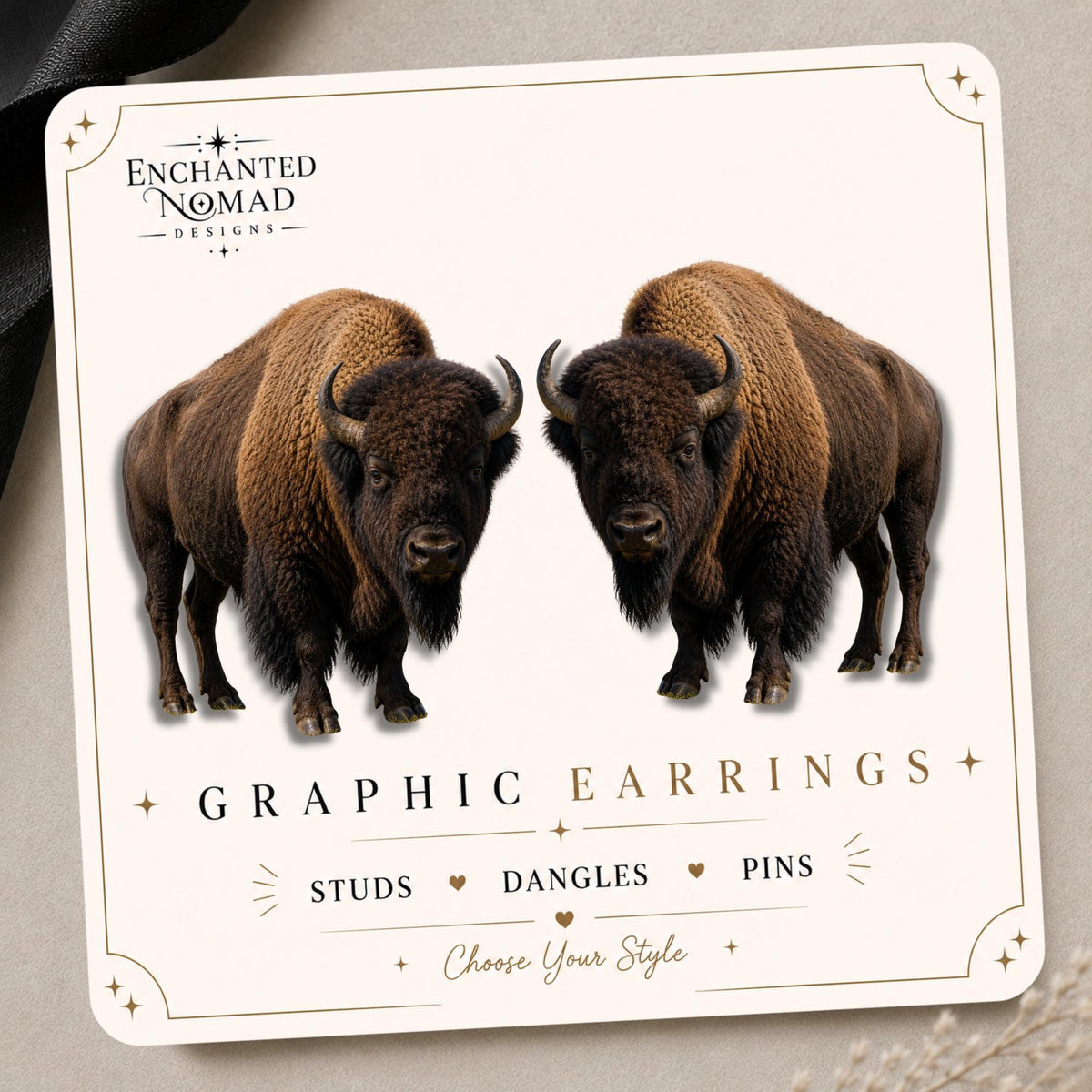 Bison Earrings & Pins on a branded display card