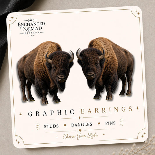 Bison Earrings & Pins on a branded display card