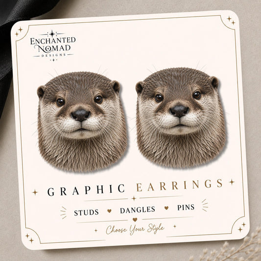 River Otter Earrings & Pins on a branded display card