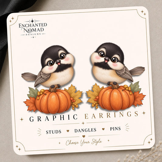 Chickadee on Pumpkin Earrings & Pins on original display card