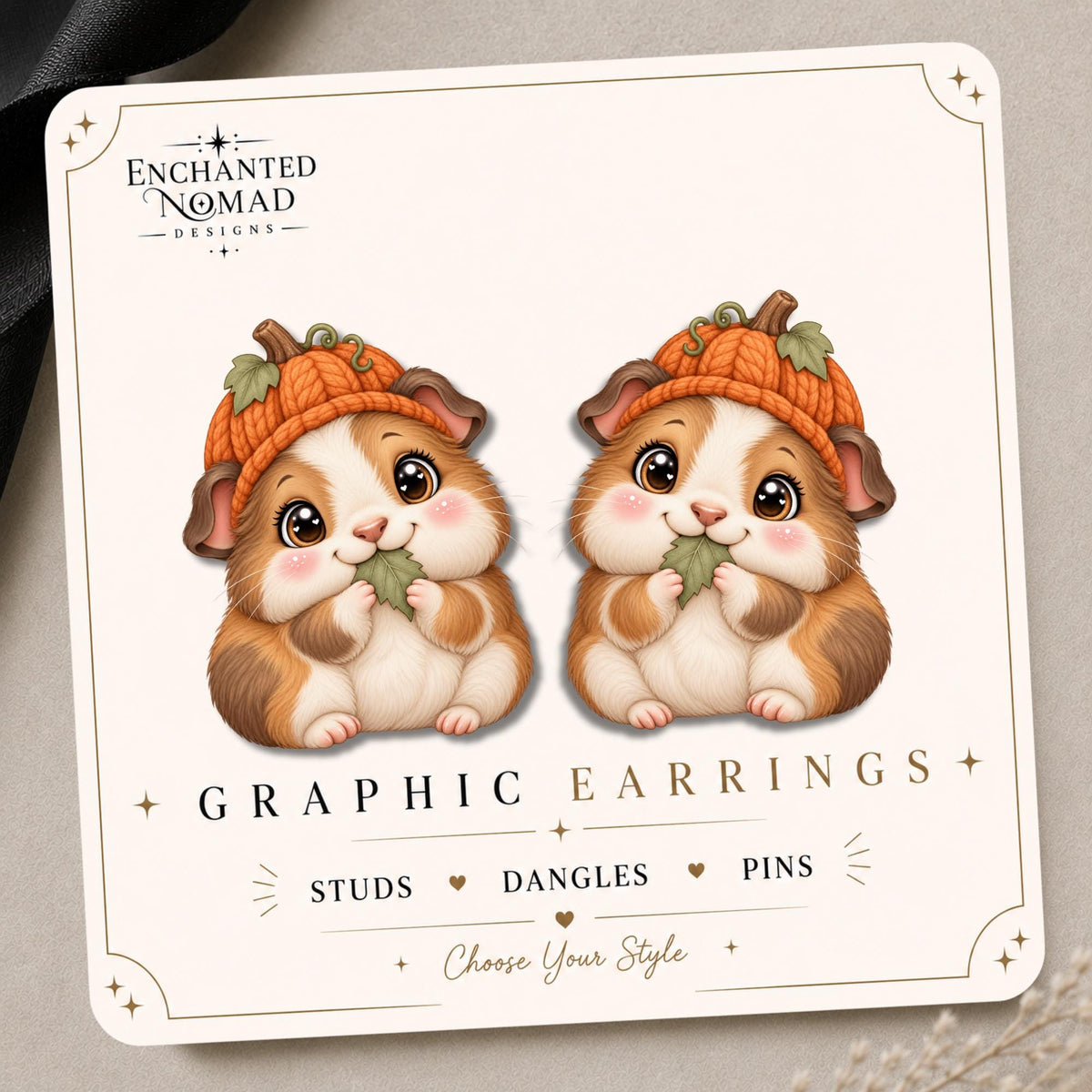 Guinea Pig in Pumpkin Hat Earrings & Pins on original display card