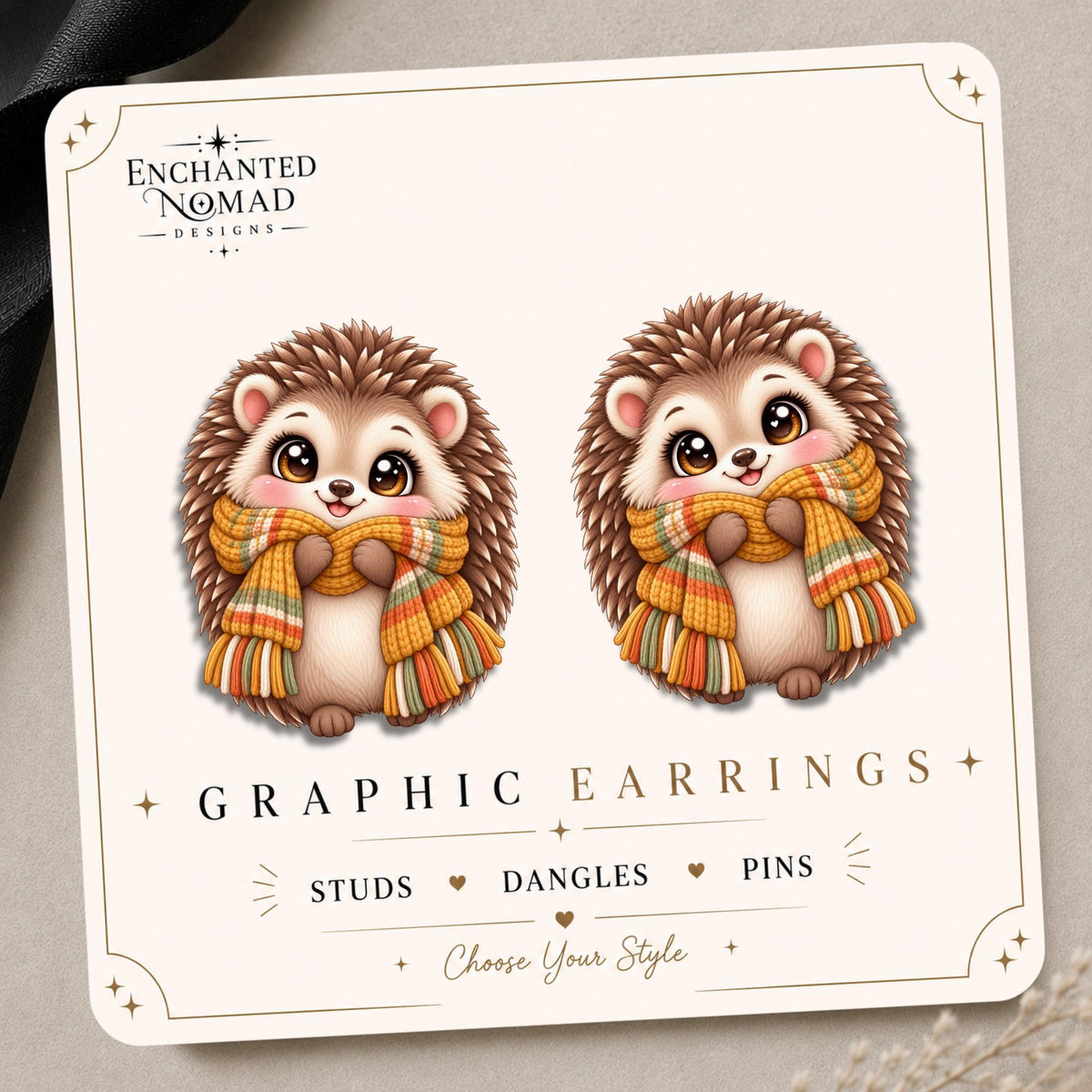 Fall Hedgehog with Scarf Earrings & Pins on original display card