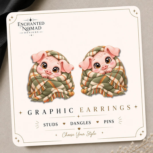 Cozy Pig in Blanket Earrings & Pins on original display card