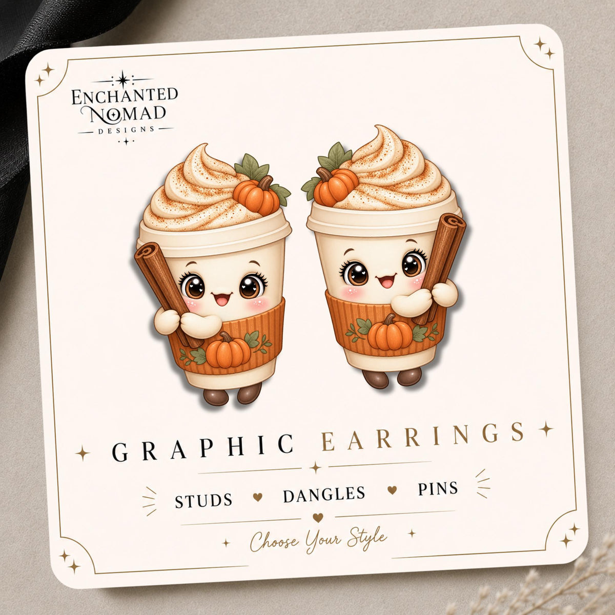 Pumpkin Spice Latte Earrings & Pins on original display card