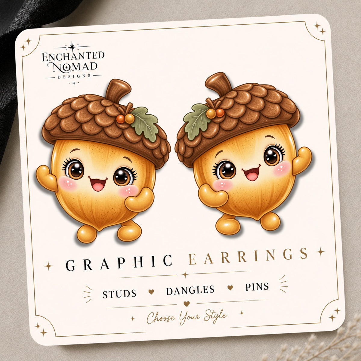 Kawaii Acorn Earrings & Pins on original display card