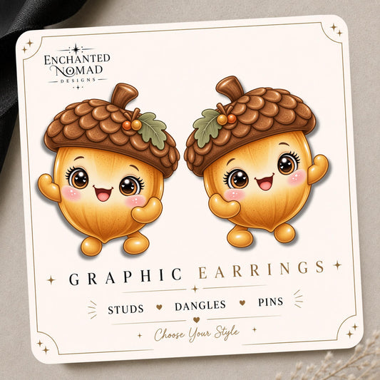 Kawaii Acorn Earrings & Pins on original display card