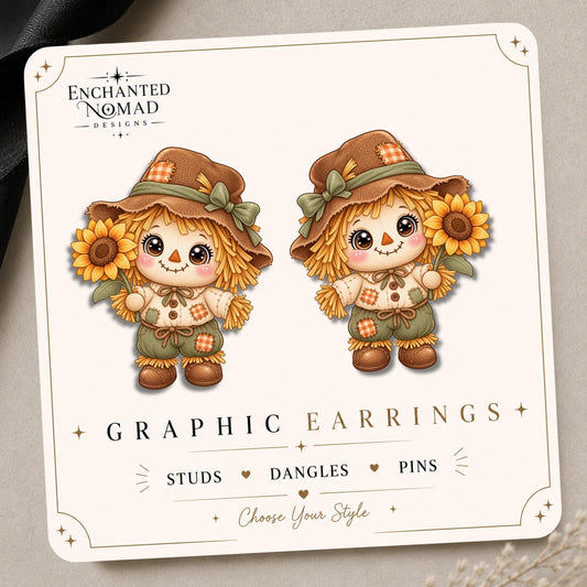Fall Sunflower Scarecrow Earrings & Pins on original display card