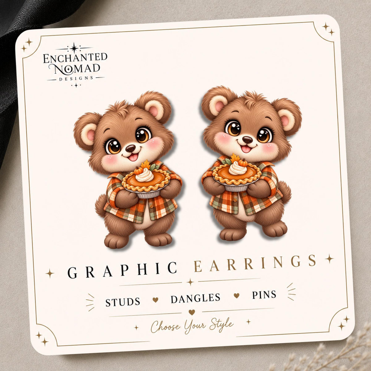 Bear with Pumpkin Pie Earrings & Pins on original display card