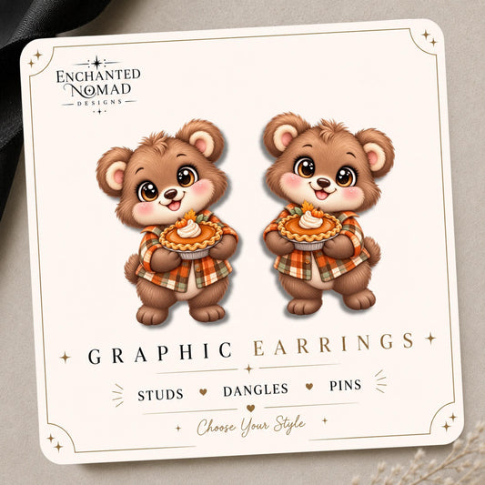 Bear with Pumpkin Pie Earrings & Pins on original display card