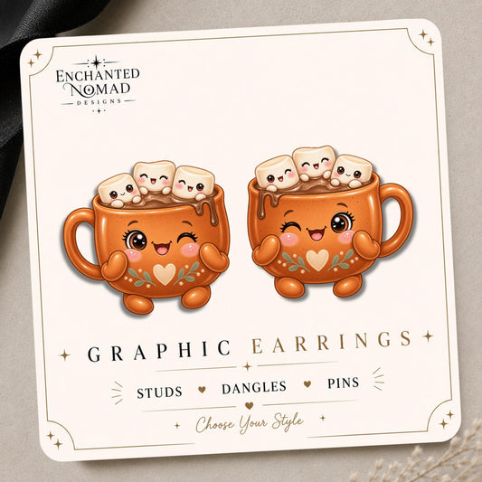 Marshmallow Hot Chocolate Mug Earrings & Pins on original display card