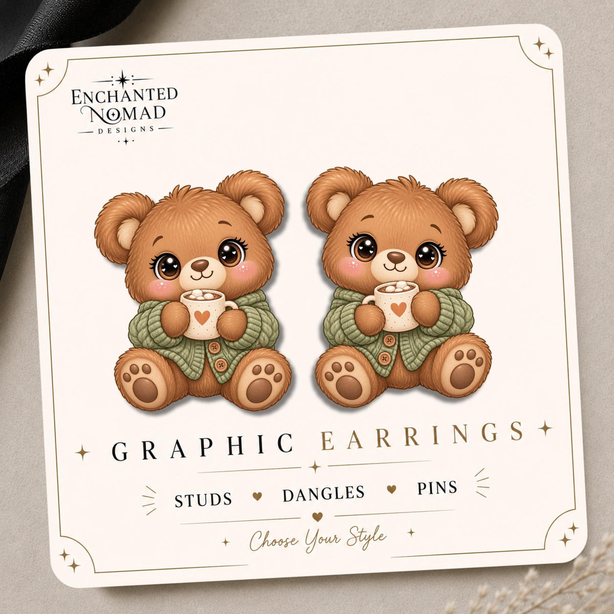 Teddy Bear with Hot Cocoa Earrings & Pins on original display card
