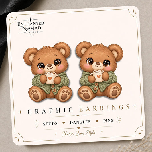 Teddy Bear with Hot Cocoa Earrings & Pins on original display card