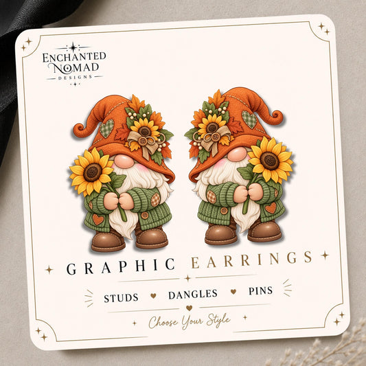 Sunflower Gnome Earrings & Pins on original display card
