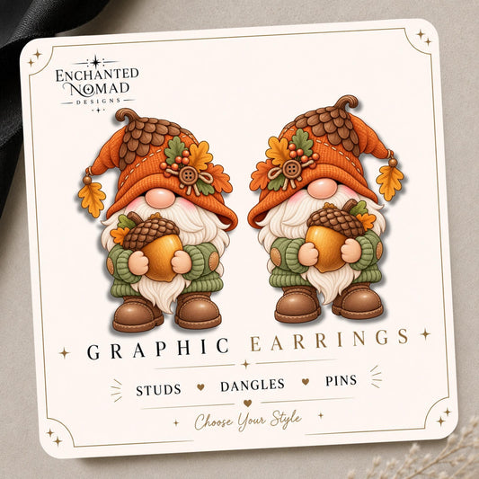 Acorn Gnome Earrings & Pins on original display card