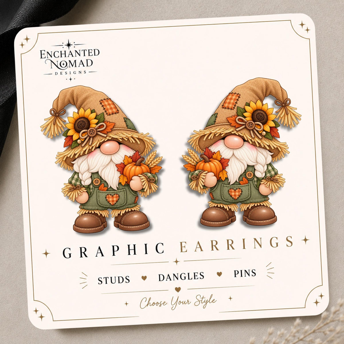Fall Scarecrow Gnome Earrings & Pins on original display card