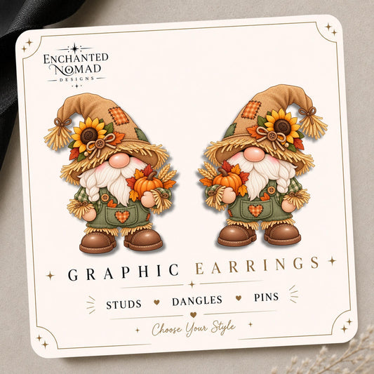 Fall Scarecrow Gnome Earrings & Pins on original display card