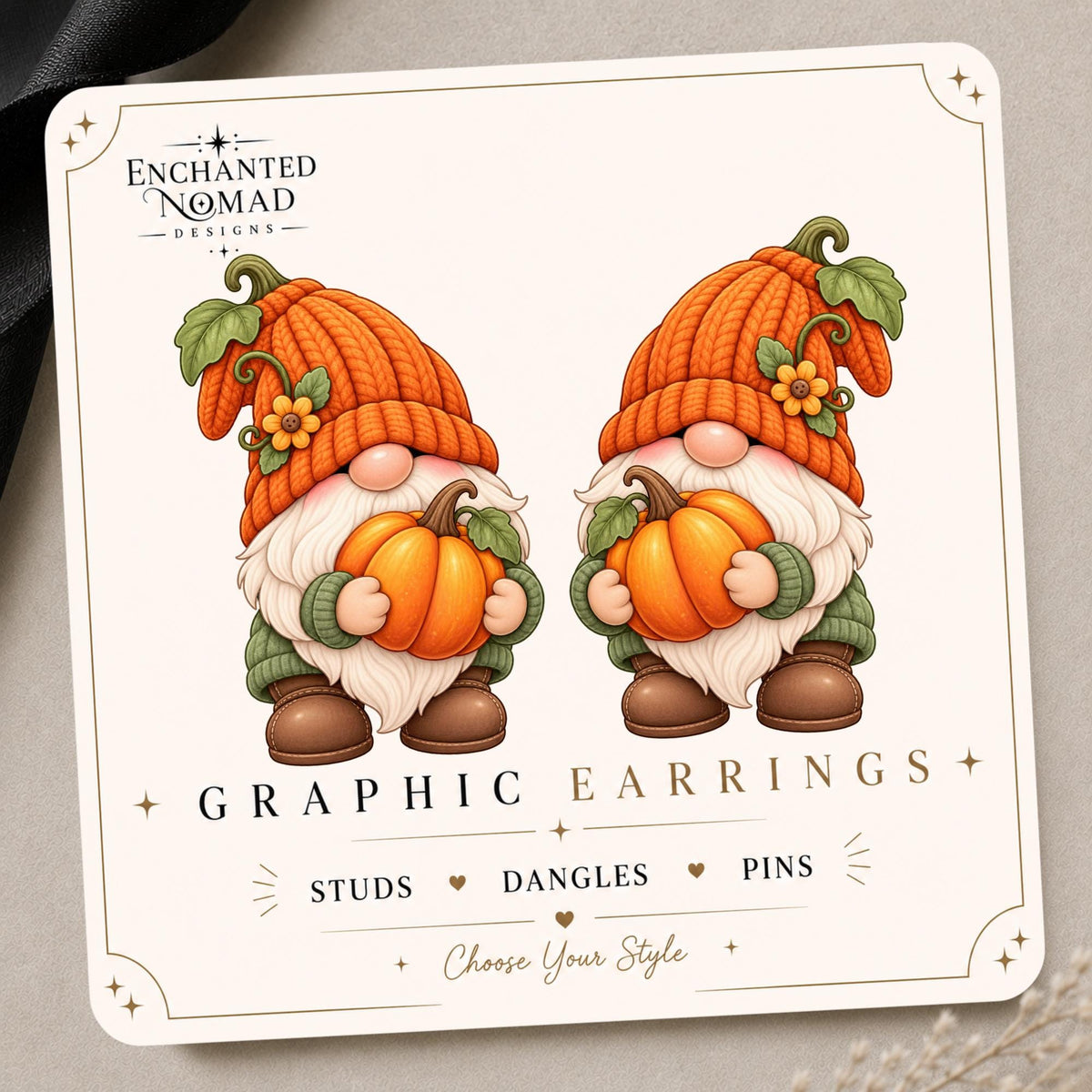 Pumpkin Gnome Earrings & Pins on original display card