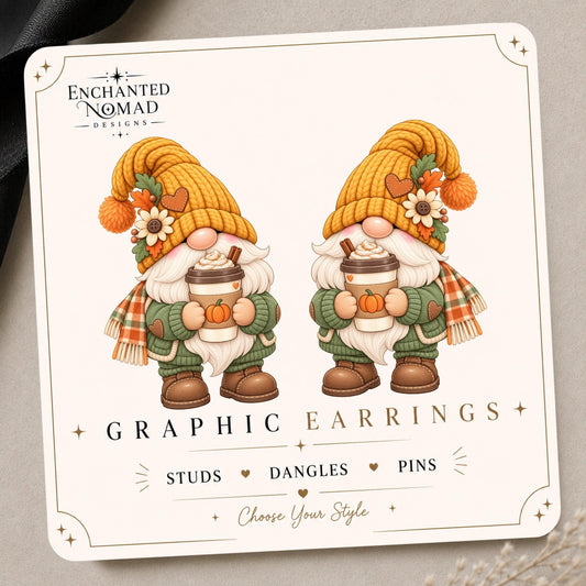 Pumpkin Spice Coffee Gnome Earrings & Pins on original display card