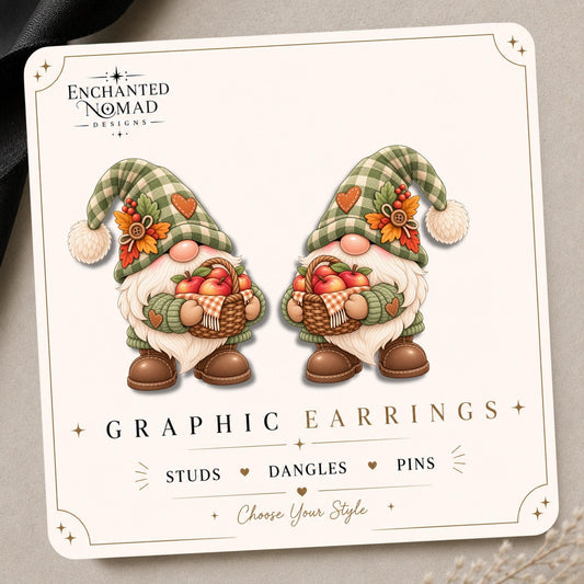 Apple Basket Gnome with White Beard Earrings & Pins on original display card